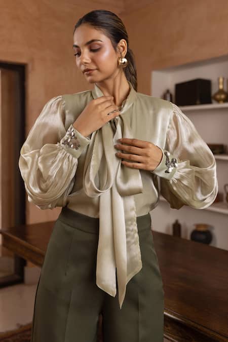 Buy_B'Infinite_Green Crepe Embroidery High Neck Moss Cuff Embellished Shirt And Trouser Set