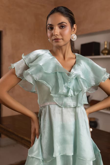 Shop_B'Infinite_Green Organza Beads Ruffled Neck Embellished Crush Top _Online_at_Aza_Fashions