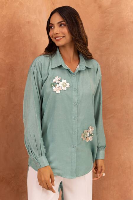 Buy_B'Infinite_Blue Linen Embroidery Collared Floral Placement Embellished Shirt And Trouser Set_Online_at_Aza_Fashions