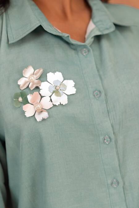 Shop_B'Infinite_Blue Linen Embroidery Collared Floral Placement Embellished Shirt And Trouser Set_Online_at_Aza_Fashions