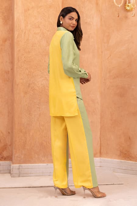 Shop B'Infinite Green Linen Collared Butterfly Color Blocked Shirt And Trouser Set at Aza Fashions Shop_B'Infinite_Green Linen Collared Butterfly Color Blocked Shirt And Trouser Set _at_Aza_Fashions