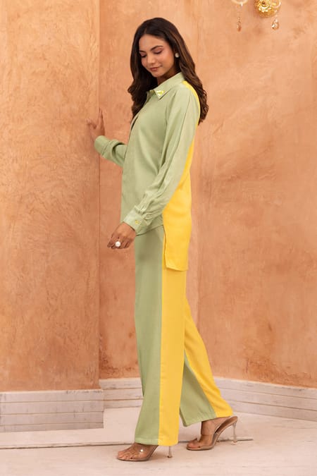 Shop B'Infinite Green Linen Collared Butterfly Color Blocked Shirt And Trouser Set Online at Aza Fashions Shop_B'Infinite_Green Linen Collared Butterfly Color Blocked Shirt And Trouser Set _Online_at_Aza_Fashions