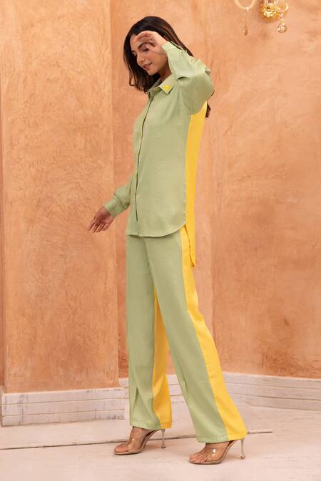 B'Infinite Green Linen Collared Butterfly Color Blocked Shirt And Trouser Set at Aza Fashions B'Infinite_Green Linen Collared Butterfly Color Blocked Shirt And Trouser Set _at_Aza_Fashions