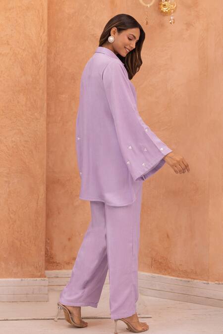 Shop B'Infinite Purple Soft Linen Placement Embellished Thread Collared Neck Shirt And Trouser Set at Aza Fashions Shop_B'Infinite_Purple Soft Linen Placement Embellished Thread Collared Neck Shirt And Trouser Set_at_Aza_Fashions