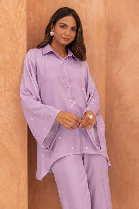 B'Infinite Purple Soft Linen Placement Embellished Thread Collared Neck Shirt And Trouser Set at Aza Fashions B'Infinite_Purple Soft Linen Placement Embellished Thread Collared Neck Shirt And Trouser Set_at_Aza_Fashions