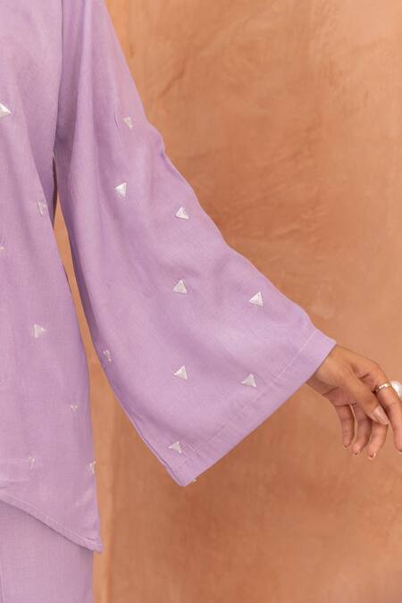 Buy B'Infinite Purple Soft Linen Placement Embellished Thread Collared Neck Shirt And Trouser Set Buy_B'Infinite_Purple Soft Linen Placement Embellished Thread Collared Neck Shirt And Trouser Set