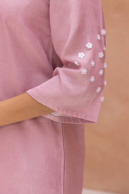 Buy_B'Infinite_Pink Soft Linen Embellished Flower Sequins Collared Neck Sleeve Shirt_Online_at_Aza_Fashions