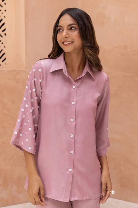 B'Infinite_Pink Soft Linen Embellished Flower Sequins Collared Neck Sleeve Shirt_at_Aza_Fashions