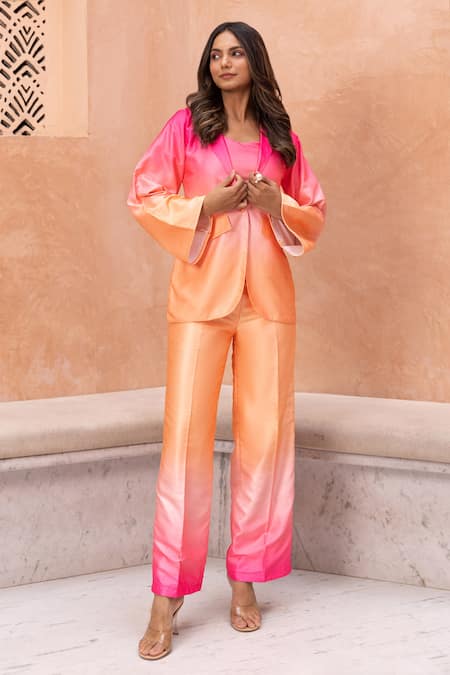 Buy B'Infinite Pink Cotton, Silk Collared Viva Blazer And Trouser Set Online at Aza Fashions Buy_B'Infinite_Pink Cotton, Silk Collared Viva Blazer And Trouser Set_Online_at_Aza_Fashions