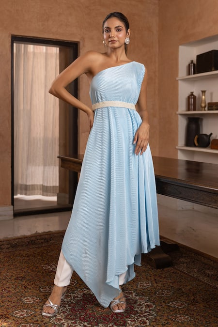 Buy Blue Silk And Chiffon One Shoulder Ruched Gown For Women by Saisha  Shinde Online at Aza Fashions.