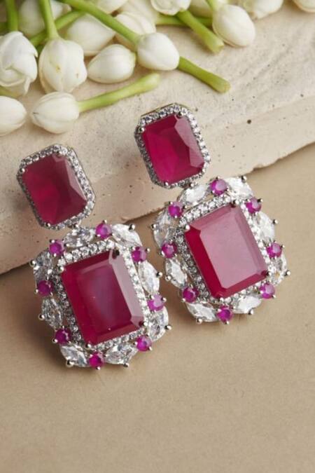 Shop Mozaati Red Crystals, Stones Handcrafted Naz Geometric Drop Earrings at Aza Fashions Shop_Mozaati_Red Crystals, Stones Handcrafted Naz Geometric Drop Earrings_at_Aza_Fashions