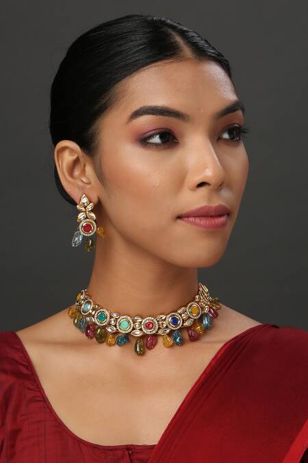 Buy Minaki Gold Plated Kundan Choker Set at Aza Fashions Buy_Minaki_Gold Plated Kundan Choker Set_at_Aza_Fashions