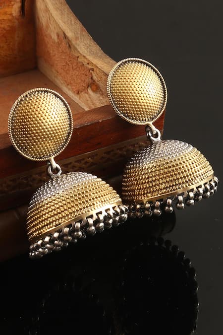 Shop_Noor_Gold Plated Dual Tone Rawa Embellished Jhumkas _at_Aza_Fashions
