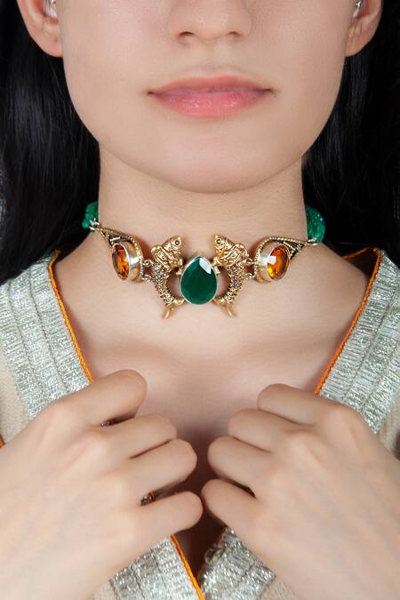Neeta Boochra Multi Color Green Onyx And Orange Stone Embellished Fish Choker Necklace