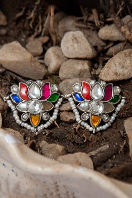 Shop Neeta Boochra Multi Color Beads, Pearls Navratna Kundan Embellished Stud Earrings at Aza Fashions Shop_Neeta Boochra_Multi Color Beads, Pearls Navratna Kundan Embellished Stud Earrings _at_Aza_Fashions