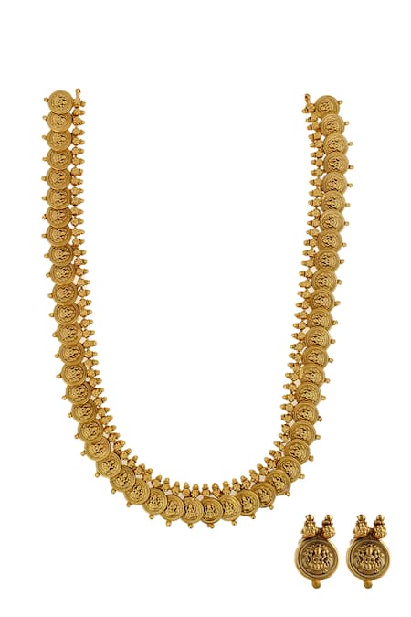 Shop Ishhaara Gold Plated Temple Motif Jewellery Set at Aza Fashions Shop_Ishhaara_Gold Plated Temple Motif Jewellery Set _at_Aza_Fashions