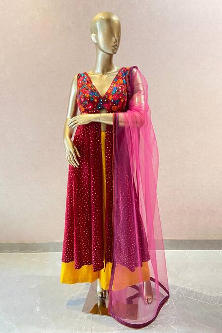 Buy_Neeta Lulla_Maroon Georgette And Chanderi Silk Embroidered Chloe Tunic & Flared Pant Set_Online_at_Aza_Fashions