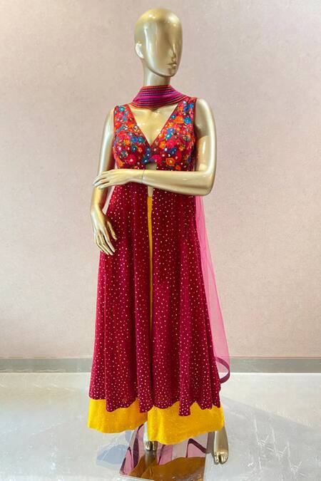 Shop_Neeta Lulla_Maroon Georgette And Chanderi Silk Embroidered Chloe Tunic & Flared Pant Set_Online_at_Aza_Fashions