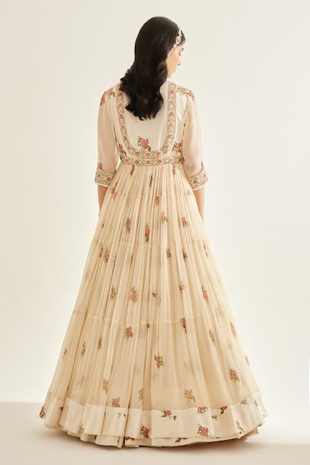 Shop Shyam Narayan Prasad White Organza, Chiffon, Modal Zari, Embroidery Floral Print Angarkha Skirt Set at Aza Fashions Shop_Shyam Narayan Prasad_White Organza, Chiffon, Modal Zari, Embroidery Floral Print Angarkha Skirt Set _at_Aza_Fashions