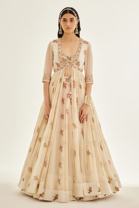 Shyam Narayan Prasad White Organza, Chiffon, Modal Zari, Embroidery Floral Print Angarkha Skirt Set Online at Aza Fashions Shyam Narayan Prasad_White Organza, Chiffon, Modal Zari, Embroidery Floral Print Angarkha Skirt Set _Online_at_Aza_Fashions