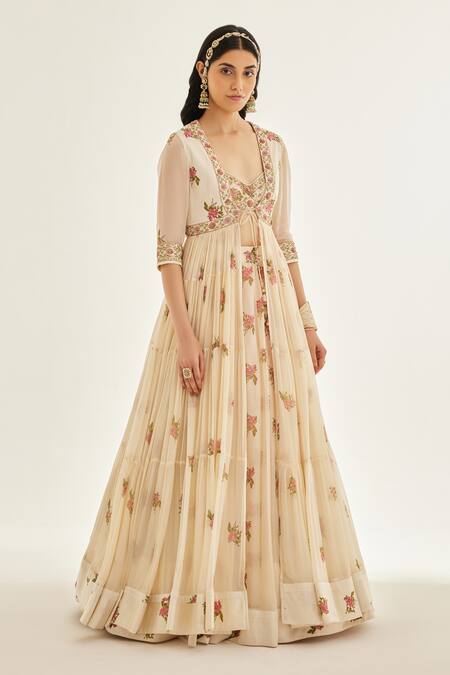 Buy Shyam Narayan Prasad White Organza, Chiffon, Modal Zari, Embroidery Floral Print Angarkha Skirt Set Online at Aza Fashions Buy_Shyam Narayan Prasad_White Organza, Chiffon, Modal Zari, Embroidery Floral Print Angarkha Skirt Set _Online_at_Aza_Fashions