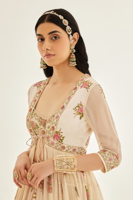 Shop Shyam Narayan Prasad White Organza, Chiffon, Modal Zari, Embroidery Floral Print Angarkha Skirt Set Online at Aza Fashions Shop_Shyam Narayan Prasad_White Organza, Chiffon, Modal Zari, Embroidery Floral Print Angarkha Skirt Set _Online_at_Aza_Fashions