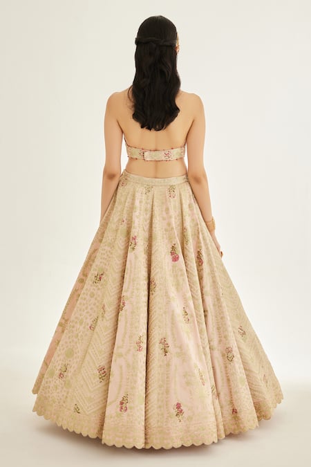 Shop Shyam Narayan Prasad Pink Silk, Organza Embroidery, Tassels, Zari Halter Floral Printed Lehenga Set at Aza Fashions Shop_Shyam Narayan Prasad_Pink Silk, Organza Embroidery, Tassels, Zari Halter Floral Printed Lehenga Set _at_Aza_Fashions
