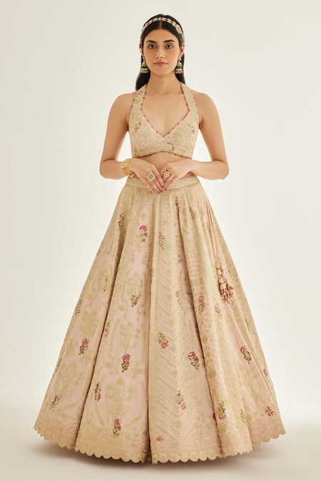 Shyam Narayan Prasad Pink Silk, Organza Embroidery, Tassels, Zari Halter Floral Printed Lehenga Set Online at Aza Fashions Shyam Narayan Prasad_Pink Silk, Organza Embroidery, Tassels, Zari Halter Floral Printed Lehenga Set _Online_at_Aza_Fashions