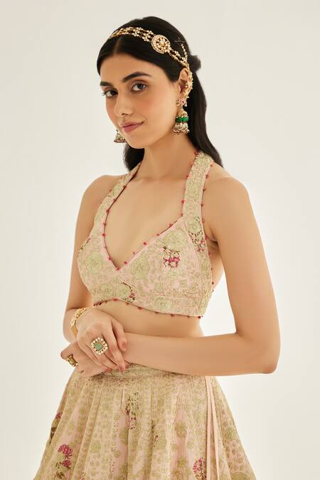 Buy Shyam Narayan Prasad Pink Silk, Organza Embroidery, Tassels, Zari Halter Floral Printed Lehenga Set Online at Aza Fashions Buy_Shyam Narayan Prasad_Pink Silk, Organza Embroidery, Tassels, Zari Halter Floral Printed Lehenga Set _Online_at_Aza_Fashions