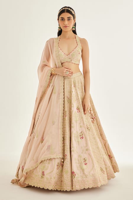 Shop Shyam Narayan Prasad Pink Silk, Organza Embroidery, Tassels, Zari Halter Floral Printed Lehenga Set Online at Aza Fashions Shop_Shyam Narayan Prasad_Pink Silk, Organza Embroidery, Tassels, Zari Halter Floral Printed Lehenga Set _Online_at_Aza_Fashions