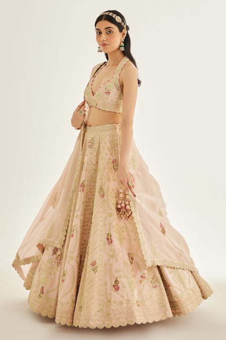 Shyam Narayan Prasad Pink Silk, Organza Embroidery, Tassels, Zari Halter Floral Printed Lehenga Set at Aza Fashions Shyam Narayan Prasad_Pink Silk, Organza Embroidery, Tassels, Zari Halter Floral Printed Lehenga Set _at_Aza_Fashions
