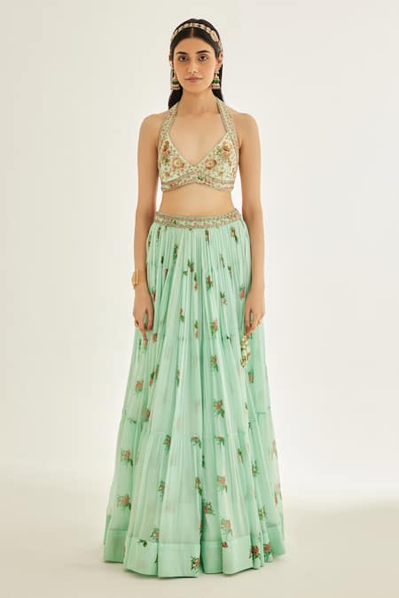 Shyam Narayan Prasad Blue Modal, Chiffon, Organza Embroidery, Floral Hand Block Print Lehenga Set Online at Aza Fashions Shyam Narayan Prasad_Blue Modal, Chiffon, Organza Embroidery, Floral Hand Block Print Lehenga Set _Online_at_Aza_Fashions