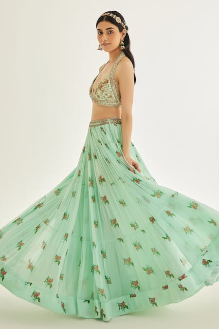 Buy Shyam Narayan Prasad Blue Modal, Chiffon, Organza Embroidery, Floral Hand Block Print Lehenga Set Online at Aza Fashions Buy_Shyam Narayan Prasad_Blue Modal, Chiffon, Organza Embroidery, Floral Hand Block Print Lehenga Set _Online_at_Aza_Fashions