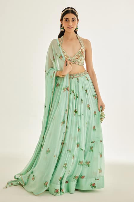 Shop Shyam Narayan Prasad Blue Modal, Chiffon, Organza Embroidery, Floral Hand Block Print Lehenga Set Online at Aza Fashions Shop_Shyam Narayan Prasad_Blue Modal, Chiffon, Organza Embroidery, Floral Hand Block Print Lehenga Set _Online_at_Aza_Fashions