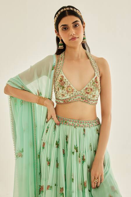 Shyam Narayan Prasad Blue Modal, Chiffon, Organza Embroidery, Floral Hand Block Print Lehenga Set at Aza Fashions Shyam Narayan Prasad_Blue Modal, Chiffon, Organza Embroidery, Floral Hand Block Print Lehenga Set _at_Aza_Fashions