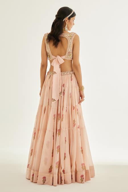 Shop Shyam Narayan Prasad Pink Modal, Satin, Chiffon, Organza Floral Hand Block Print Tiered Lehenga Set at Aza Fashions Shop_Shyam Narayan Prasad_Pink Modal, Satin, Chiffon, Organza Floral Hand Block Print Tiered Lehenga Set _at_Aza_Fashions