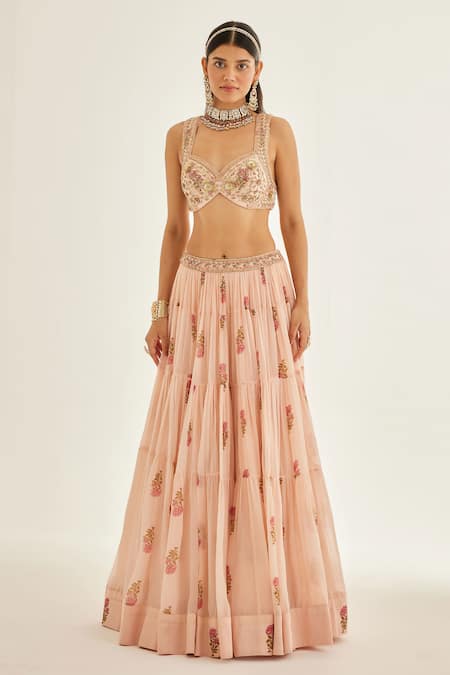 Shyam Narayan Prasad Pink Modal, Satin, Chiffon, Organza Floral Hand Block Print Tiered Lehenga Set Online at Aza Fashions Shyam Narayan Prasad_Pink Modal, Satin, Chiffon, Organza Floral Hand Block Print Tiered Lehenga Set _Online_at_Aza_Fashions