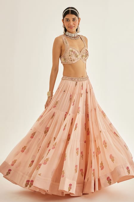 Buy Shyam Narayan Prasad Pink Modal, Satin, Chiffon, Organza Floral Hand Block Print Tiered Lehenga Set Online at Aza Fashions Buy_Shyam Narayan Prasad_Pink Modal, Satin, Chiffon, Organza Floral Hand Block Print Tiered Lehenga Set _Online_at_Aza_Fashions