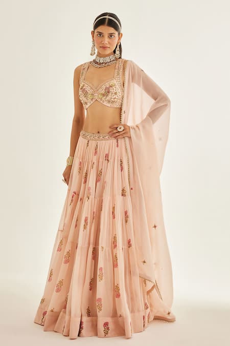 Shop Shyam Narayan Prasad Pink Modal, Satin, Chiffon, Organza Floral Hand Block Print Tiered Lehenga Set Online at Aza Fashions Shop_Shyam Narayan Prasad_Pink Modal, Satin, Chiffon, Organza Floral Hand Block Print Tiered Lehenga Set _Online_at_Aza_Fashions