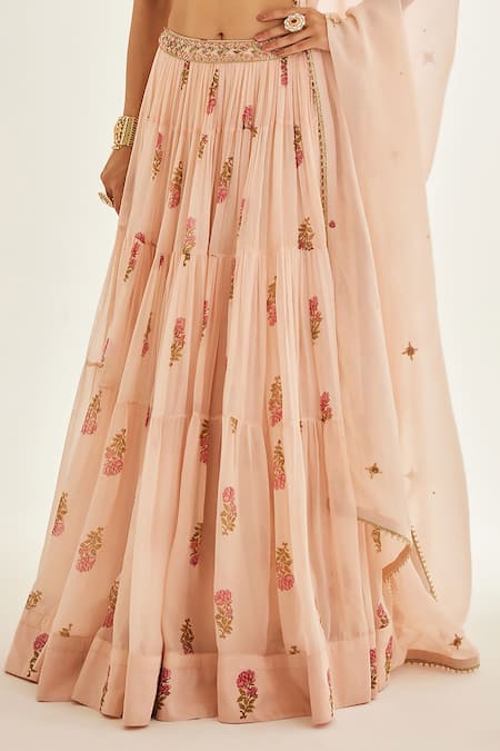 Shyam Narayan Prasad Pink Modal, Satin, Chiffon, Organza Floral Hand Block Print Tiered Lehenga Set at Aza Fashions Shyam Narayan Prasad_Pink Modal, Satin, Chiffon, Organza Floral Hand Block Print Tiered Lehenga Set _at_Aza_Fashions