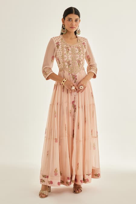 Shyam Narayan Prasad Pink Modal, Chiffon, Organza Zari, Embroidery Floral Print Zardozi Anarkali Set Online at Aza Fashions Shyam Narayan Prasad_Pink Modal, Chiffon, Organza Zari, Embroidery Floral Print Zardozi Anarkali Set _Online_at_Aza_Fashions