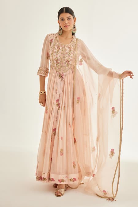 Shop Shyam Narayan Prasad Pink Modal, Chiffon, Organza Zari, Embroidery Floral Print Zardozi Anarkali Set Online at Aza Fashions Shop_Shyam Narayan Prasad_Pink Modal, Chiffon, Organza Zari, Embroidery Floral Print Zardozi Anarkali Set _Online_at_Aza_Fashions