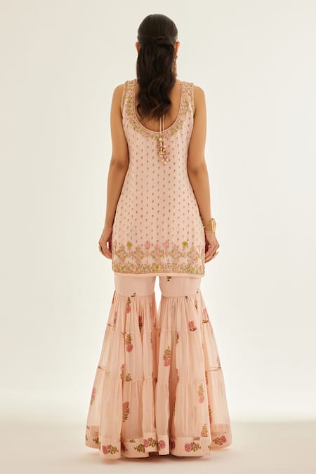 Shop Shyam Narayan Prasad Pink Organza, Chiffon Embroidery Round Neck Floral Zardozi Kurta Sharara Set at Aza Fashions Shop_Shyam Narayan Prasad_Pink Organza, Chiffon Embroidery Round Neck Floral Zardozi Kurta Sharara Set _at_Aza_Fashions