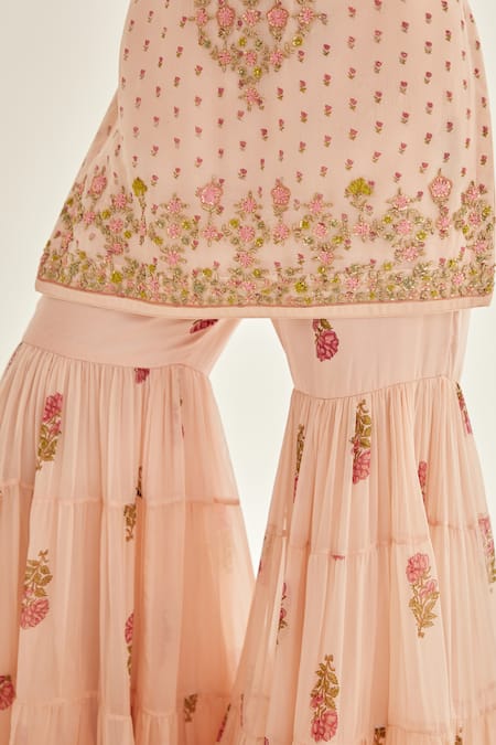 Shyam Narayan Prasad Pink Organza, Chiffon Embroidery Round Neck Floral Zardozi Kurta Sharara Set Online at Aza Fashions Shyam Narayan Prasad_Pink Organza, Chiffon Embroidery Round Neck Floral Zardozi Kurta Sharara Set _Online_at_Aza_Fashions