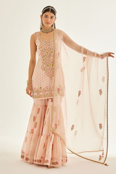 Buy Shyam Narayan Prasad Pink Organza, Chiffon Embroidery Round Neck Floral Zardozi Kurta Sharara Set Online at Aza Fashions Buy_Shyam Narayan Prasad_Pink Organza, Chiffon Embroidery Round Neck Floral Zardozi Kurta Sharara Set _Online_at_Aza_Fashions