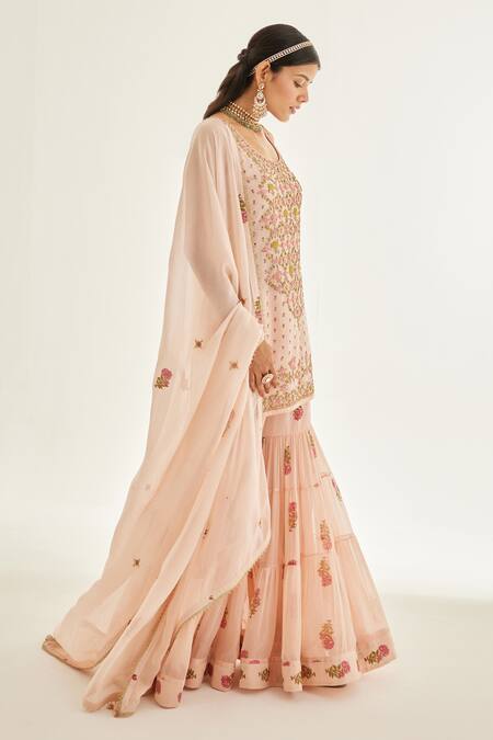 Shop Shyam Narayan Prasad Pink Organza, Chiffon Embroidery Round Neck Floral Zardozi Kurta Sharara Set Online at Aza Fashions Shop_Shyam Narayan Prasad_Pink Organza, Chiffon Embroidery Round Neck Floral Zardozi Kurta Sharara Set _Online_at_Aza_Fashions