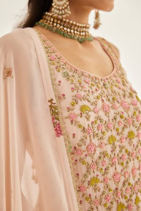 Shyam Narayan Prasad Pink Organza, Chiffon Embroidery Round Neck Floral Zardozi Kurta Sharara Set at Aza Fashions Shyam Narayan Prasad_Pink Organza, Chiffon Embroidery Round Neck Floral Zardozi Kurta Sharara Set _at_Aza_Fashions