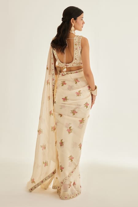 Shyam Narayan Prasad Floral Hand Block Print Saree With Blouse 