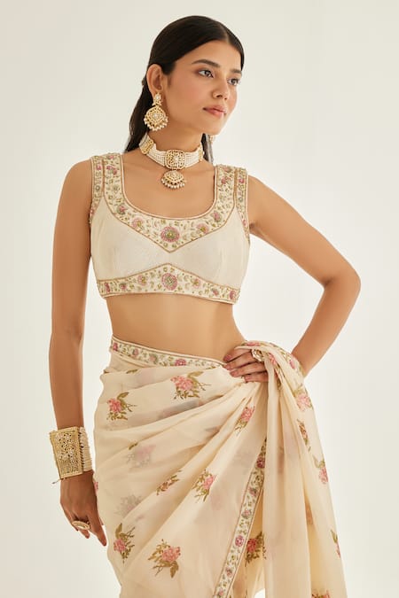 Shyam Narayan Prasad White Silk, Organza Zari Round Neck Floral Hand Block Print Saree With Blouse Online at Aza Fashions Shyam Narayan Prasad_White Silk, Organza Zari Round Neck Floral Hand Block Print Saree With Blouse _Online_at_Aza_Fashions