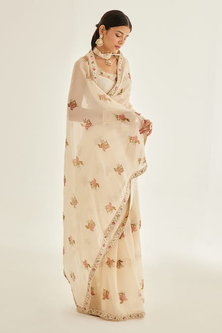 Buy Shyam Narayan Prasad White Silk, Organza Zari Round Neck Floral Hand Block Print Saree With Blouse Online at Aza Fashions Buy_Shyam Narayan Prasad_White Silk, Organza Zari Round Neck Floral Hand Block Print Saree With Blouse _Online_at_Aza_Fashions